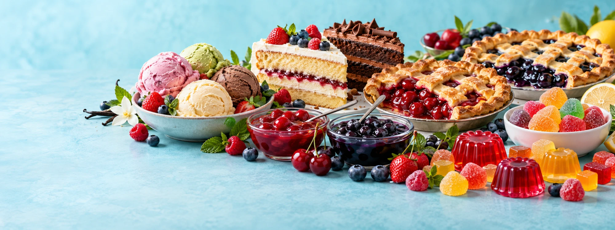 Ice cream, layer cake, fruit pies, fruit fillings, gummies and gelatin desserts
